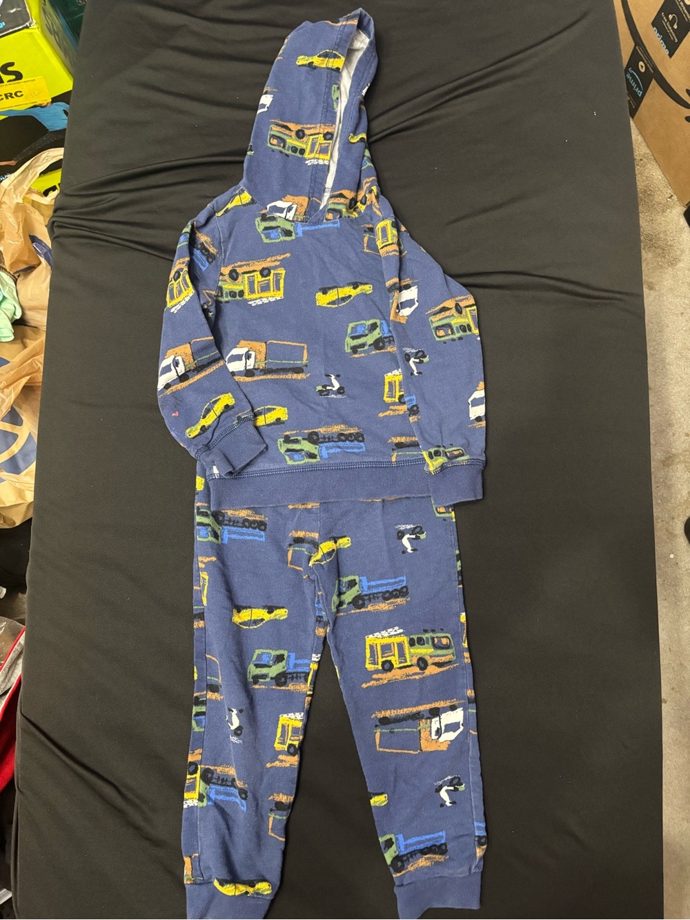 Carter's Navy Hooded Set with Yellow & Green Vehicle Print